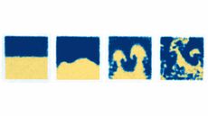 The image shows two differently colored quantum superfluids—blue and yellow—being pushed together by magnetic fields, forming mushroom-shaped plumes that resemble explosion clouds before breaking into turbulence.