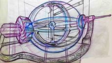 A pencil concept sketch of a large round quantum thermodynamics machine.