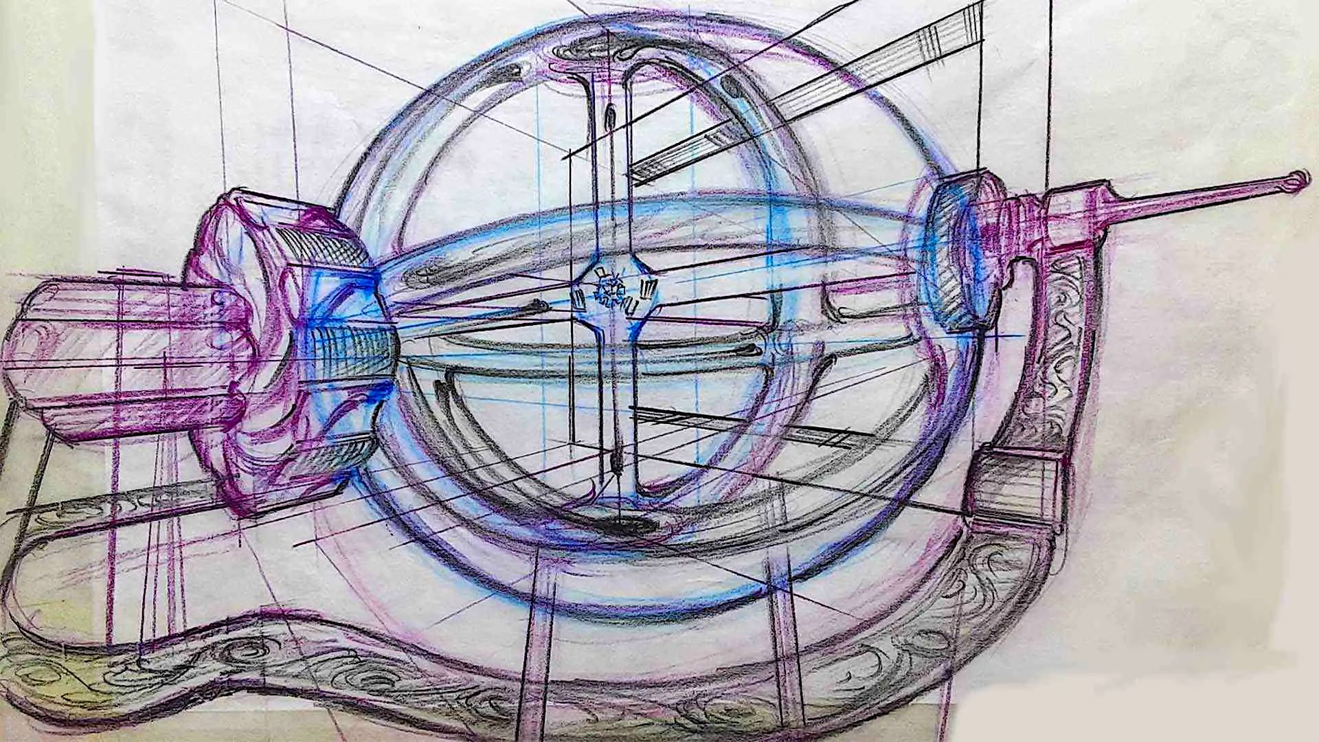 A pencil concept sketch of a large round quantum thermodynamics machine.