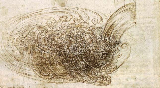 Brown ink on a tan background shows water flowing into a pool and forming swirling patterns.