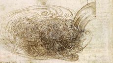 Brown ink on a tan background shows water flowing into a pool and forming swirling patterns.