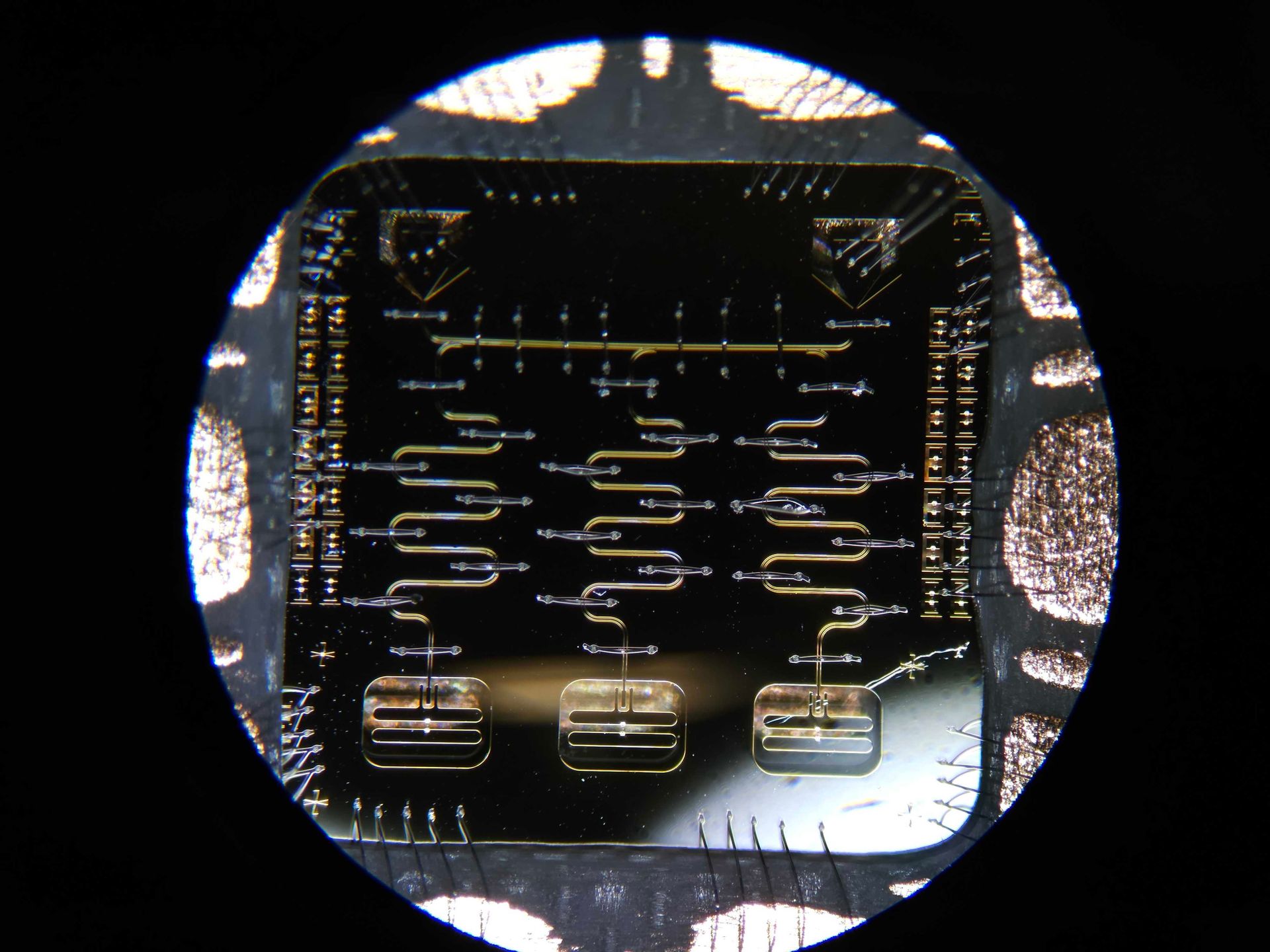 In this superconducting circuit studied in Alicia Kollár’s lab, the middle of the three rectangles along the bottom are junctions that hold quantum states that may each be used as a qubit.