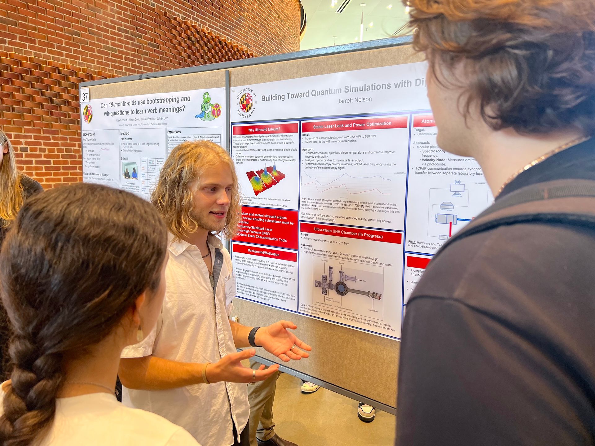 Jarrett Nelson, a rising senior majoring in computer science and minoring in physics and math at Utah Valley University, explains his recent work involving quantum simulations using lasers at a poster session sponsored by the University of Maryland Office of Undergraduate Research.