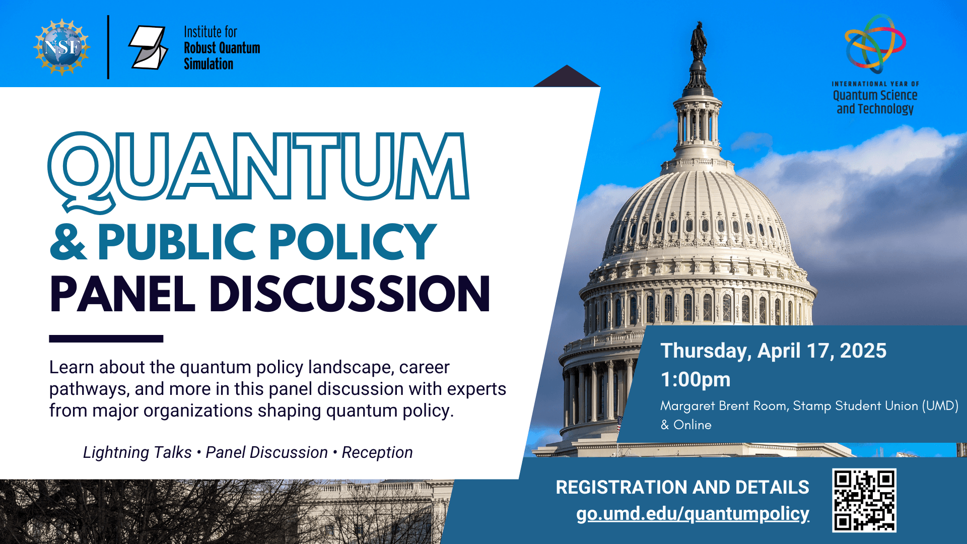 Flyer for the Quantum Public Policy panel on April 17th, 2025.