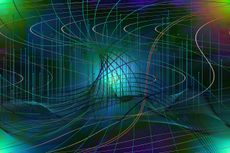 Light blue straight lines vertically connect small spots, while green, white and red lines swirl and bend against a splotch background on blues, purples, greens and traces of pinks.